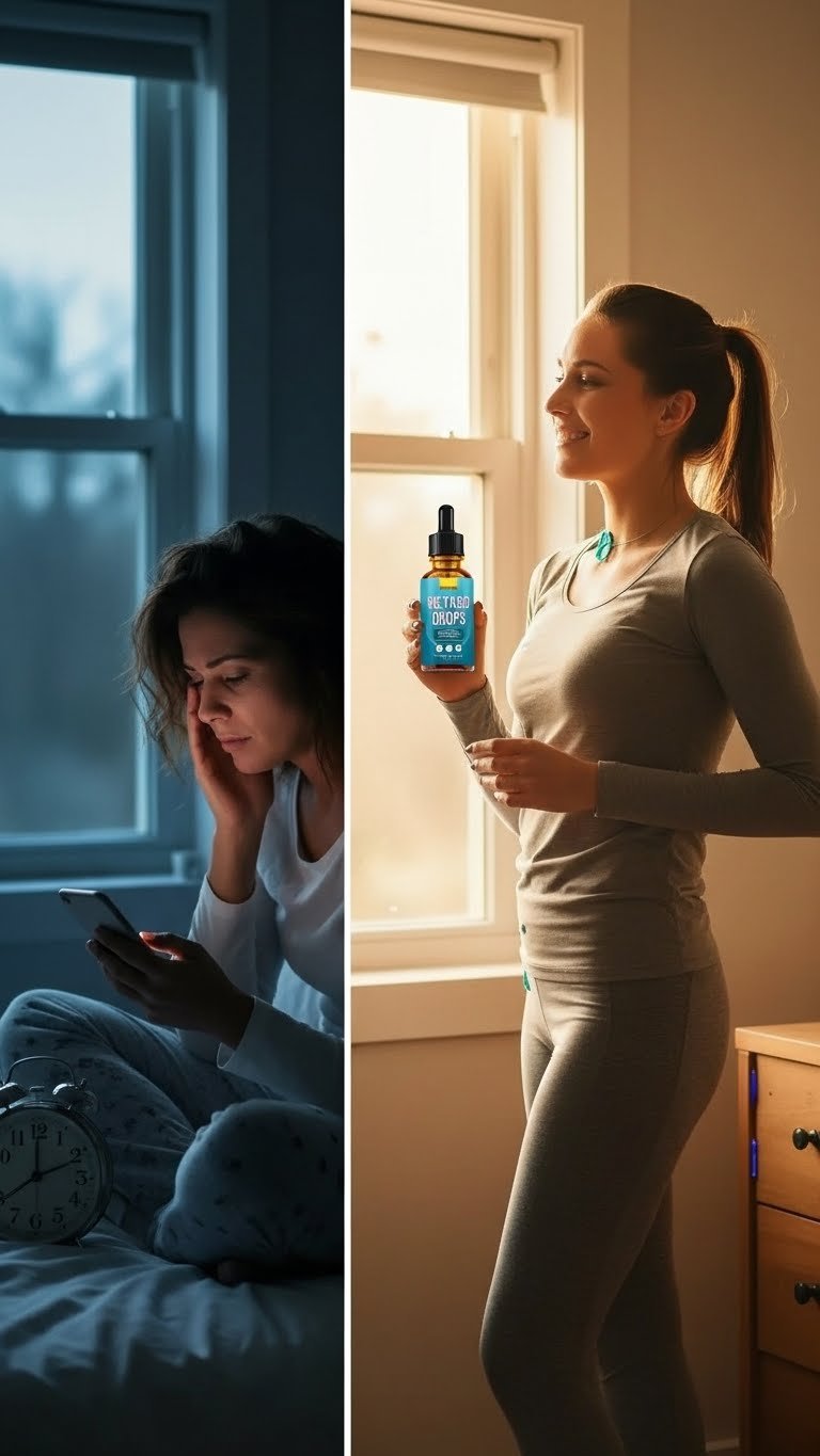 Smiling woman holding and pointing to Metabo Drops one bottle promotion